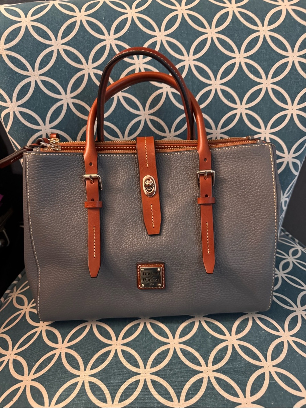 Dooney & Bourke Gray Leather Satchel with Brown Trim